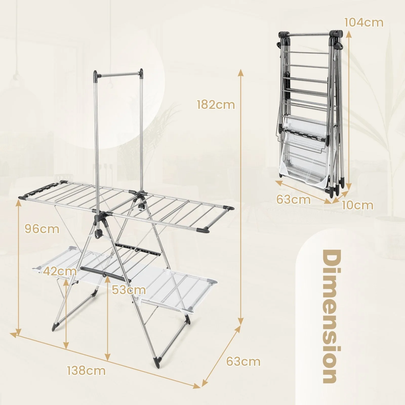 2-Tier Foldable Laundry Drying Rack with Tall Hanging Bar