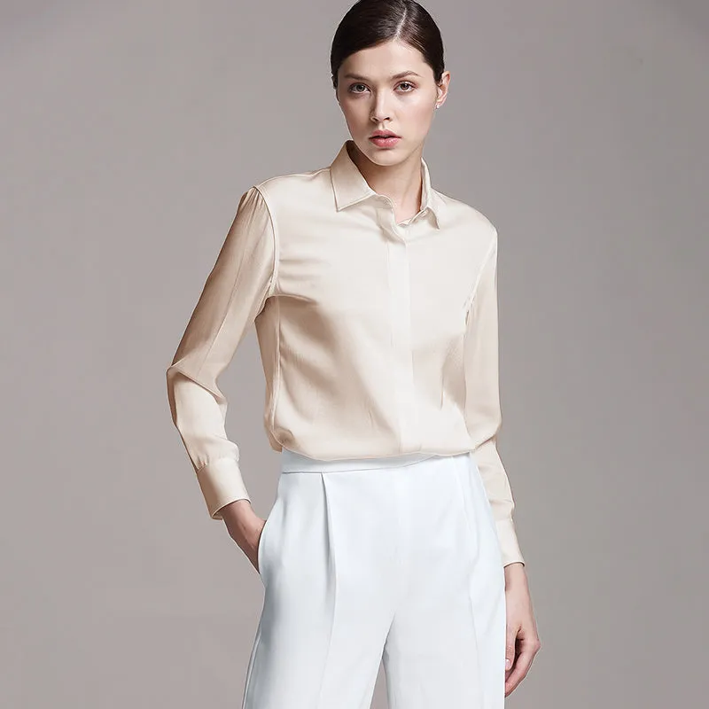 22 Momme Women's Basic Long-sleeved Silk Blouse with Hidden Placket