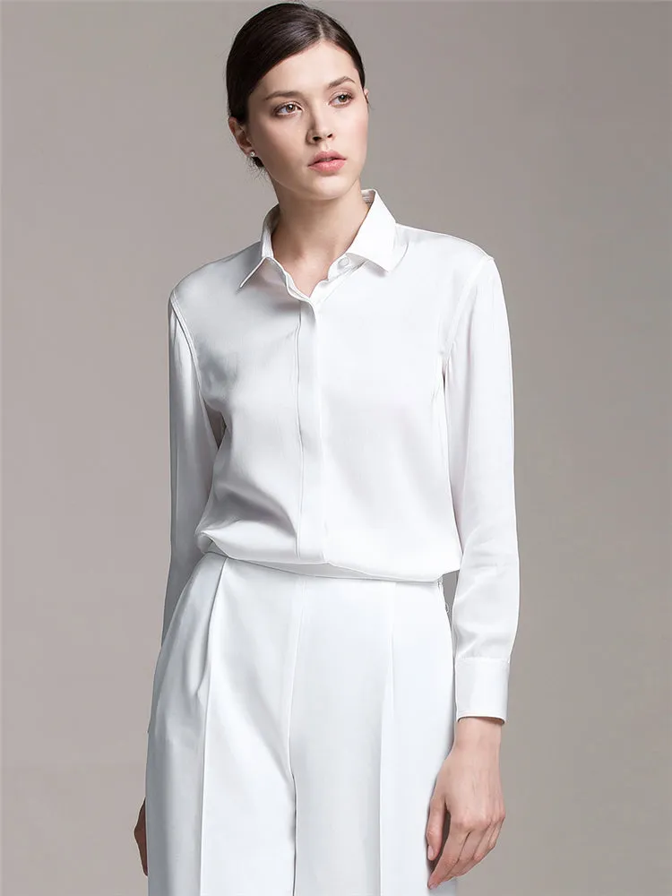 22 Momme Women's Basic Long-sleeved Silk Blouse with Hidden Placket