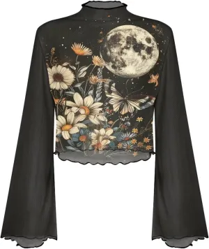 70S Tops for Women Disco Top Plus Size Bell Sleeve Top Mesh Tops