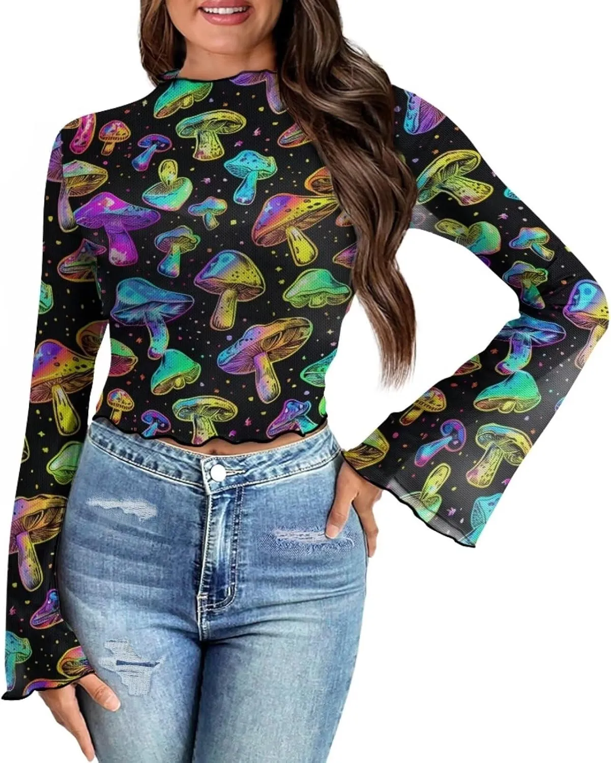 70S Tops for Women Disco Top Plus Size Bell Sleeve Top Mesh Tops