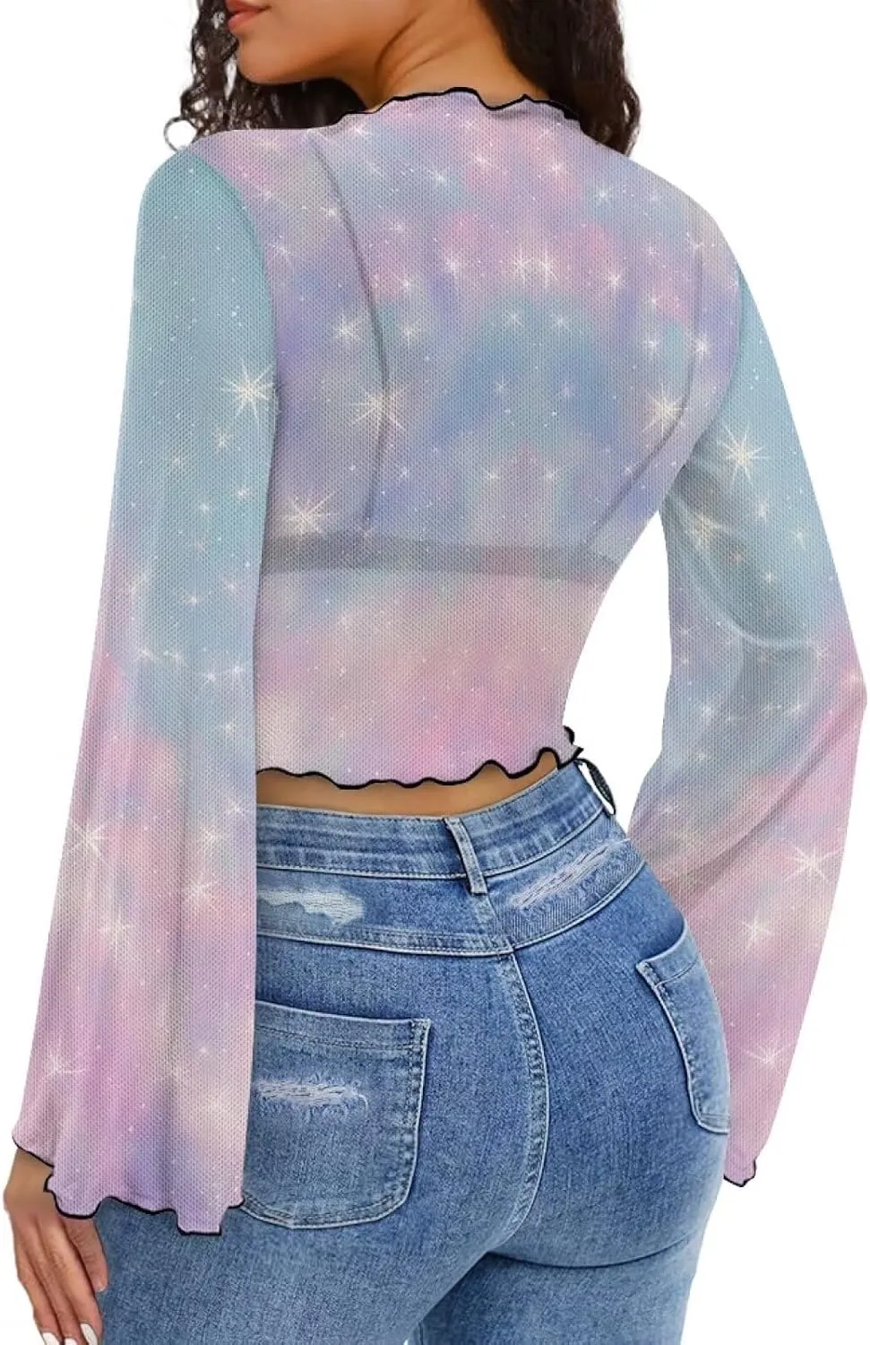 70S Tops for Women Disco Top Plus Size Bell Sleeve Top Mesh Tops