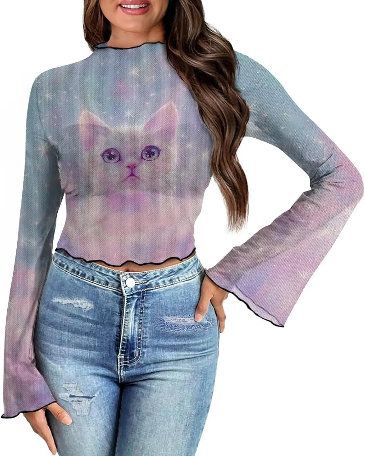 70S Tops for Women Disco Top Plus Size Bell Sleeve Top Mesh Tops