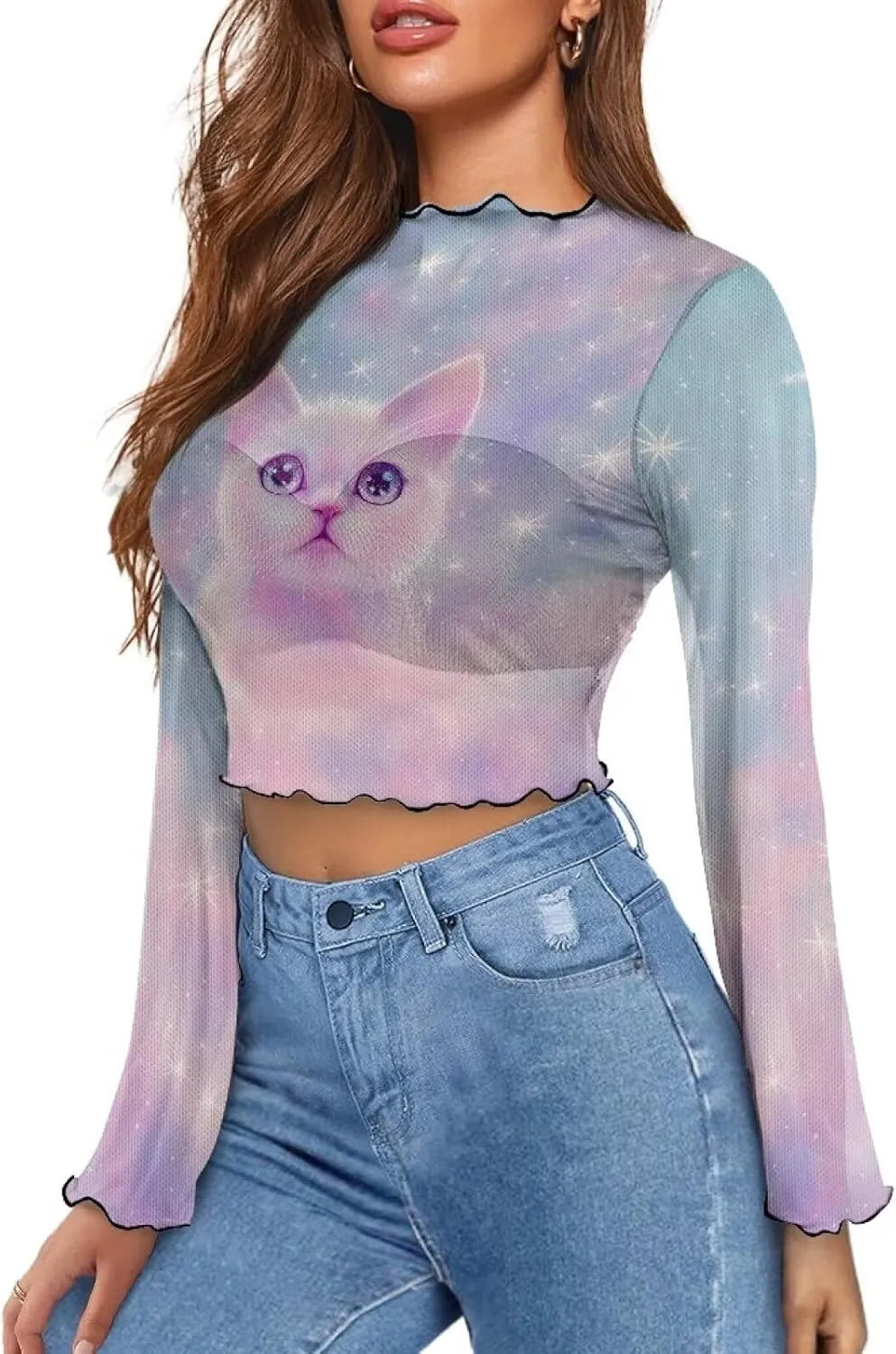 70S Tops for Women Disco Top Plus Size Bell Sleeve Top Mesh Tops