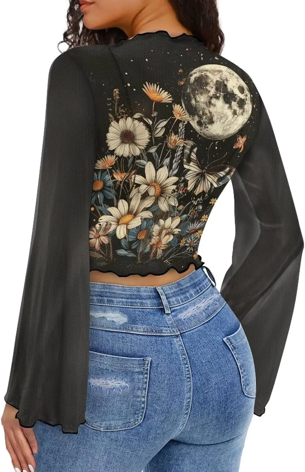 70S Tops for Women Disco Top Plus Size Bell Sleeve Top Mesh Tops