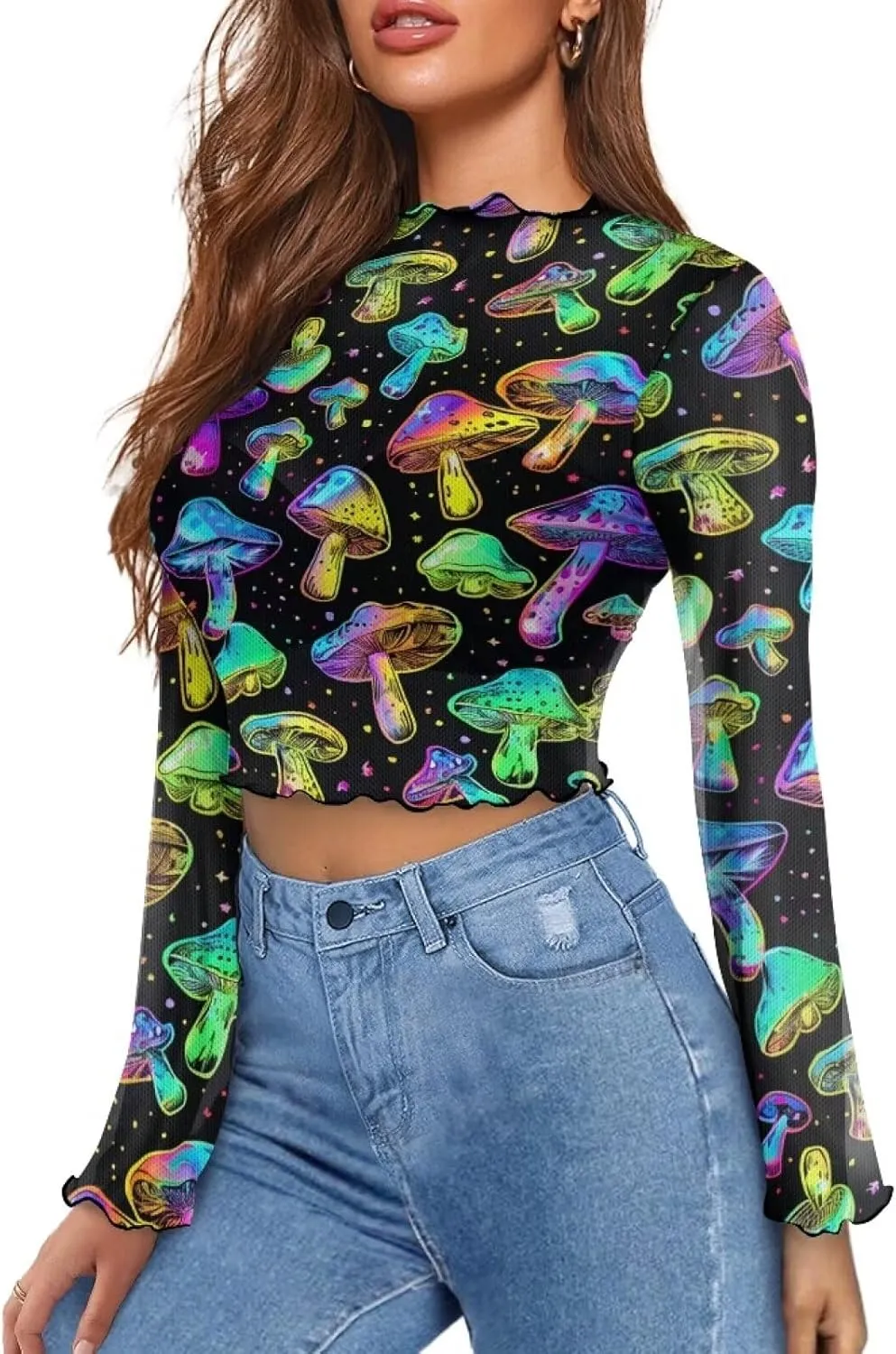 70S Tops for Women Disco Top Plus Size Bell Sleeve Top Mesh Tops