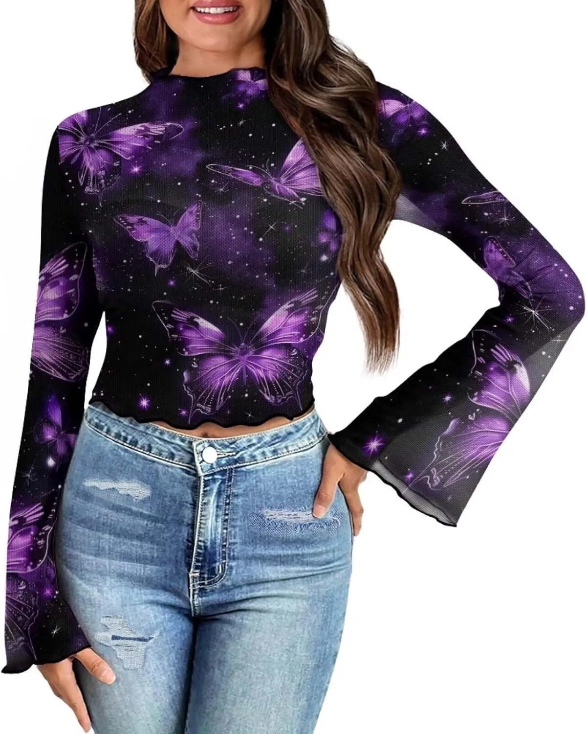 70S Tops for Women Disco Top Plus Size Bell Sleeve Top Mesh Tops