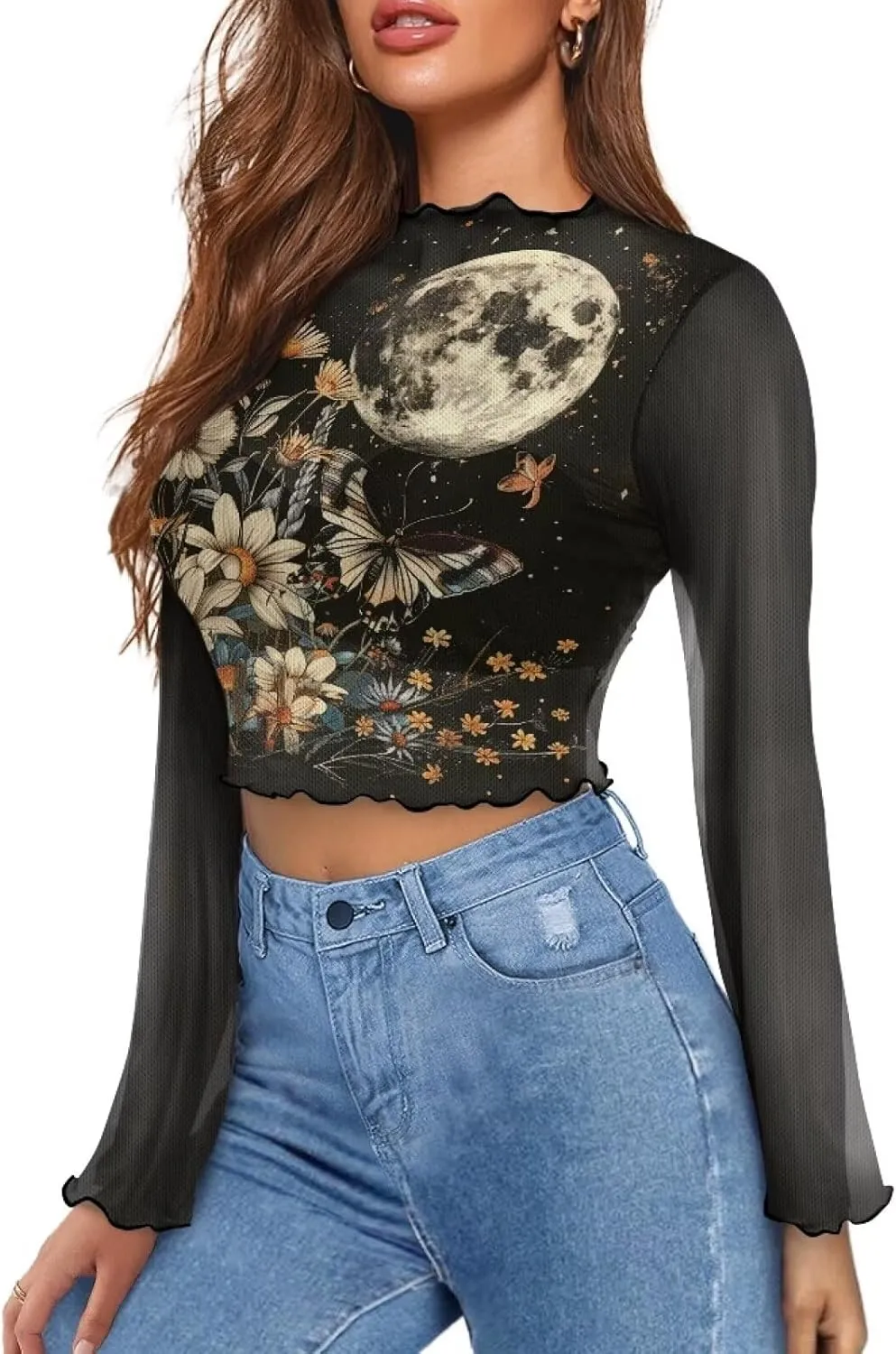 70S Tops for Women Disco Top Plus Size Bell Sleeve Top Mesh Tops