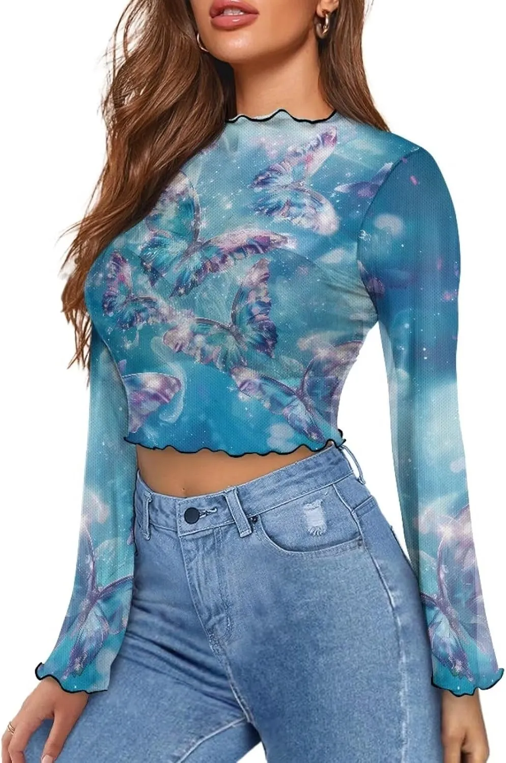 70S Tops for Women Plus Size Bell Sleeve Top Mesh Tops for Women Trumpet Sleeve Top