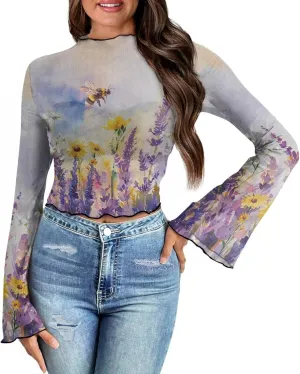 70S Tops for Women Plus Size Bell Sleeve Top Mesh Tops for Women Trumpet Sleeve Top