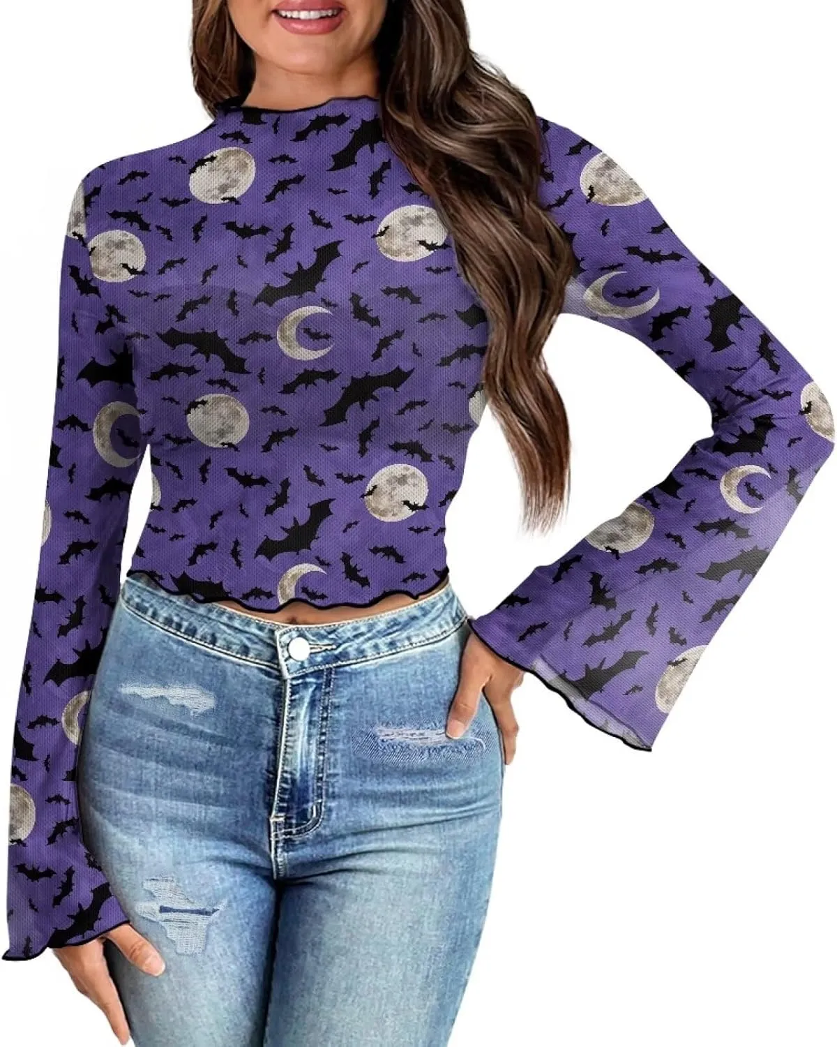 70S Tops for Women Plus Size Bell Sleeve Top Mesh Tops for Women Trumpet Sleeve Top