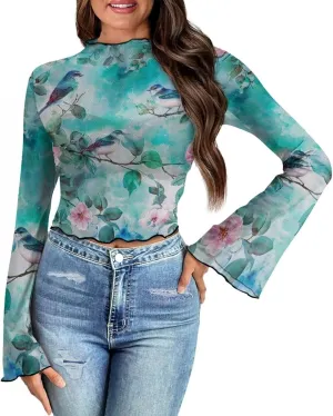 70S Tops for Women Plus Size Bell Sleeve Top Mesh Tops for Women Trumpet Sleeve Top