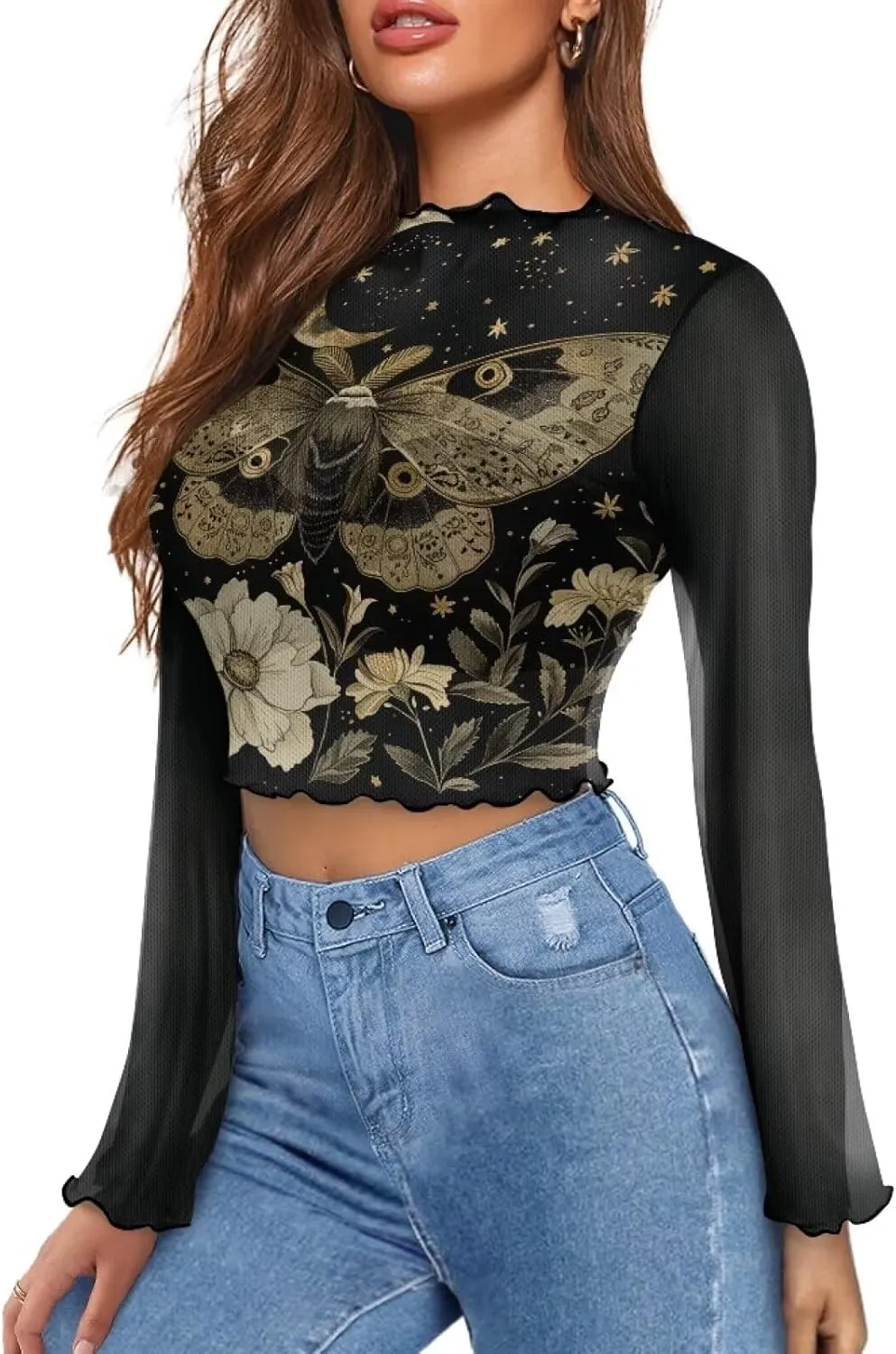 70S Tops for Women Plus Size Bell Sleeve Top Mesh Tops for Women Trumpet Sleeve Top