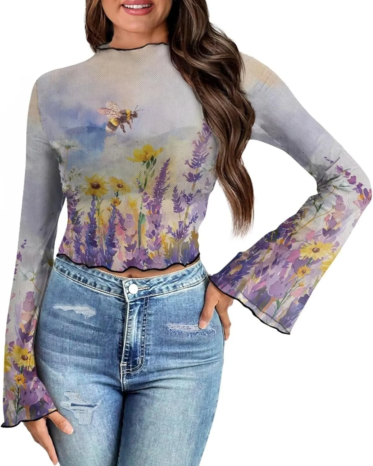 70S Tops for Women Plus Size Bell Sleeve Top Mesh Tops for Women Trumpet Sleeve Top