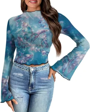 70S Tops for Women Plus Size Bell Sleeve Top Mesh Tops for Women Trumpet Sleeve Top