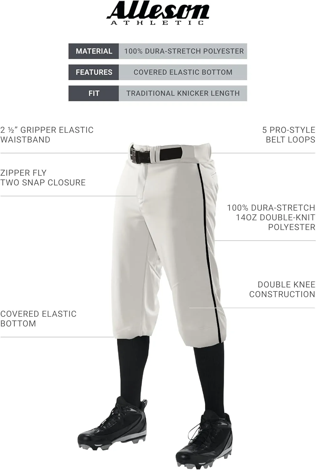 Alleson Athletic Boys' Crush Knicker Braided Baseball Pant  Durable, Flexible Fabric and Moisture-Wicking Technology
