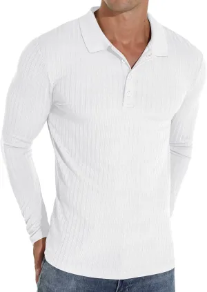 Askdeer Men's Polo Shirts Classic Long Sleeve Stretch Slim Fit Casual Shirts White