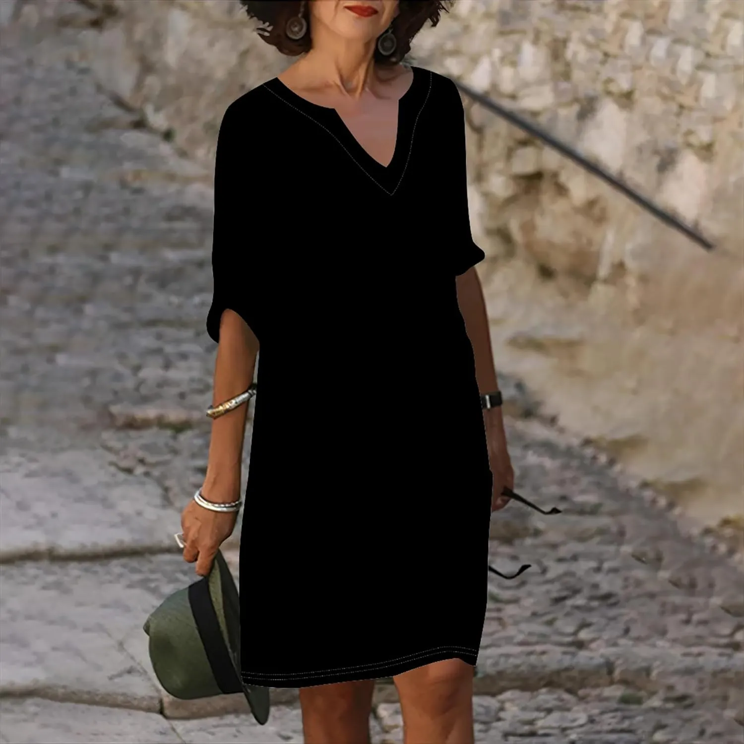 Autumn Elegant Flowy Solid Color Trendy Professional Dresses for Women V Neck Ruffle Short Sleeve Casual Shift Dress