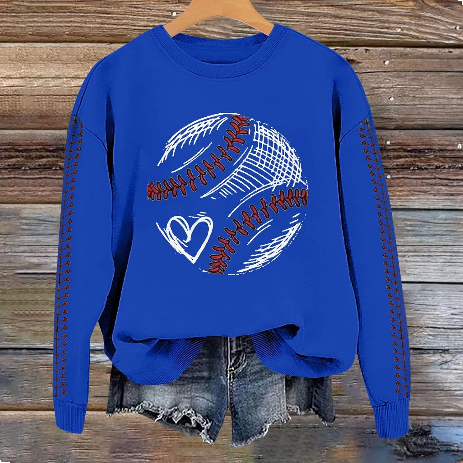 Baseball Sweatshirt for Womens 2025 Long Sleeves Round Neck Pullover Baseball Letter Print Blouses Fall Workout Tops