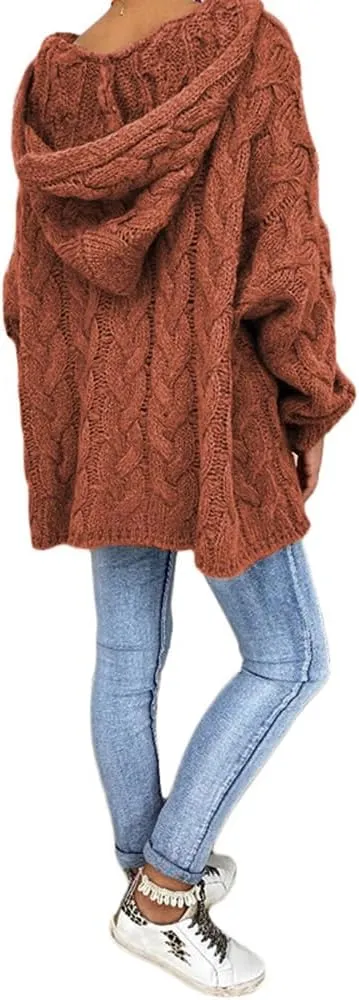 Bengbobar Womens Oversized Sweaters Chunky Cable Knit Pullover Hooded Sweaters V Neck Long Sleeve Loose Solid Color Hoodies