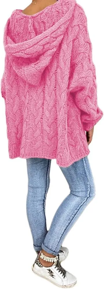 Bengbobar Womens Oversized Sweaters Chunky Cable Knit Pullover Hooded Sweaters V Neck Long Sleeve Loose Solid Color Hoodies