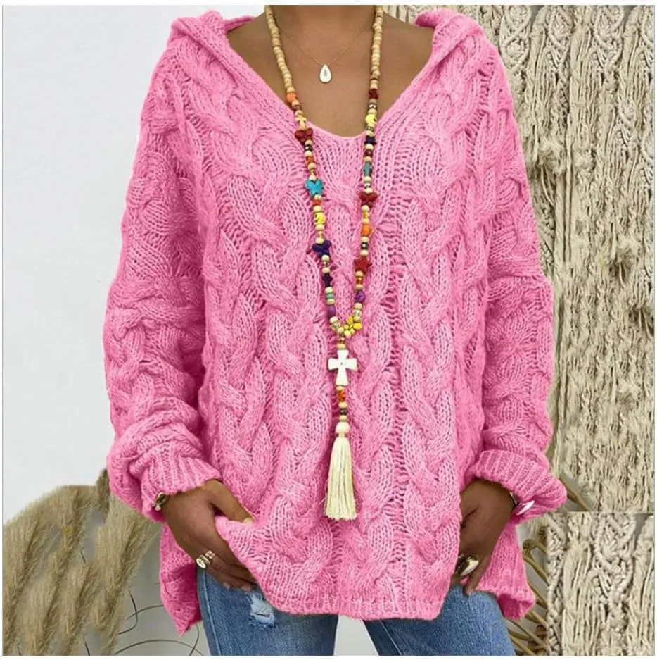Bengbobar Womens Oversized Sweaters Chunky Cable Knit Pullover Hooded Sweaters V Neck Long Sleeve Loose Solid Color Hoodies