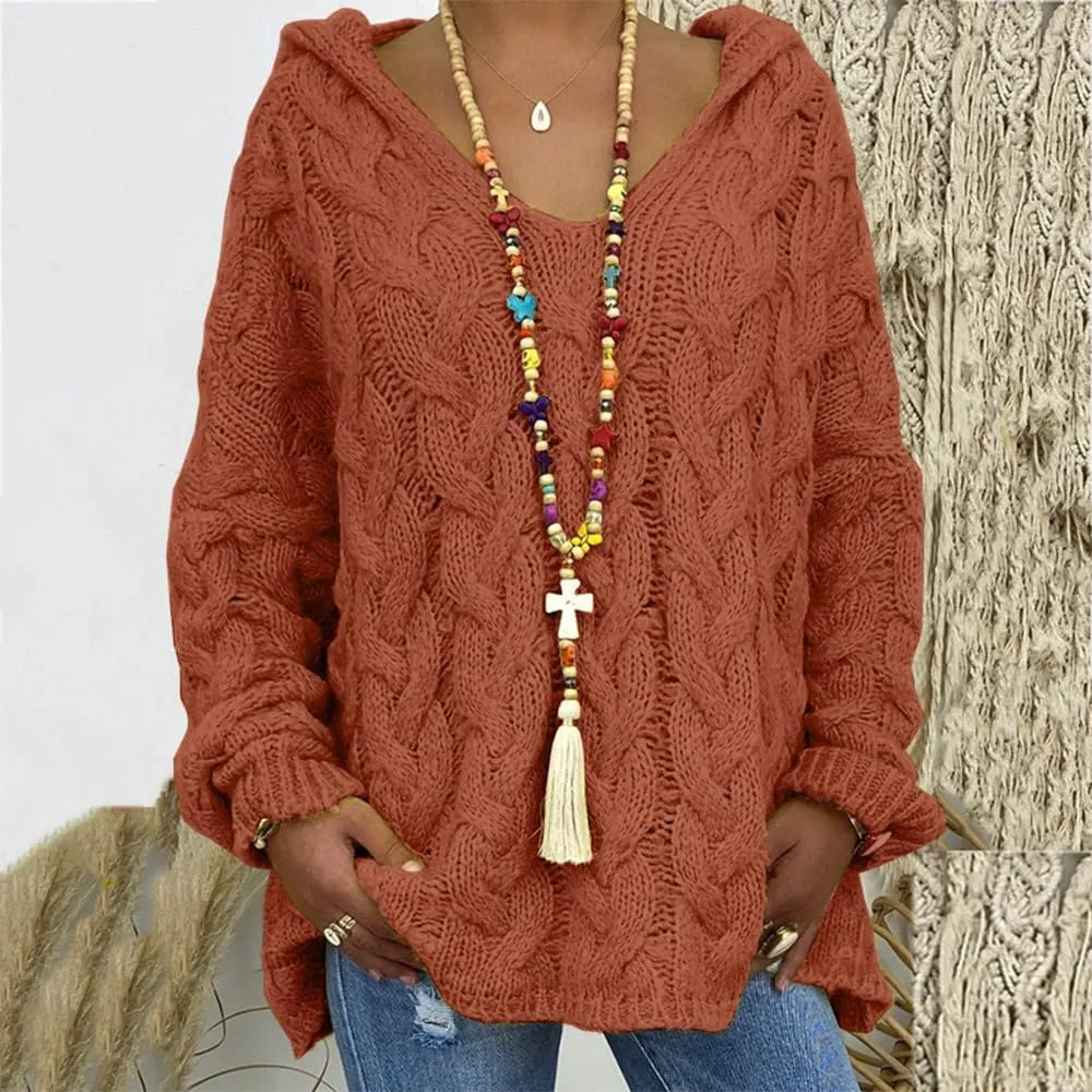 Bengbobar Womens Oversized Sweaters Chunky Cable Knit Pullover Hooded Sweaters V Neck Long Sleeve Loose Solid Color Hoodies