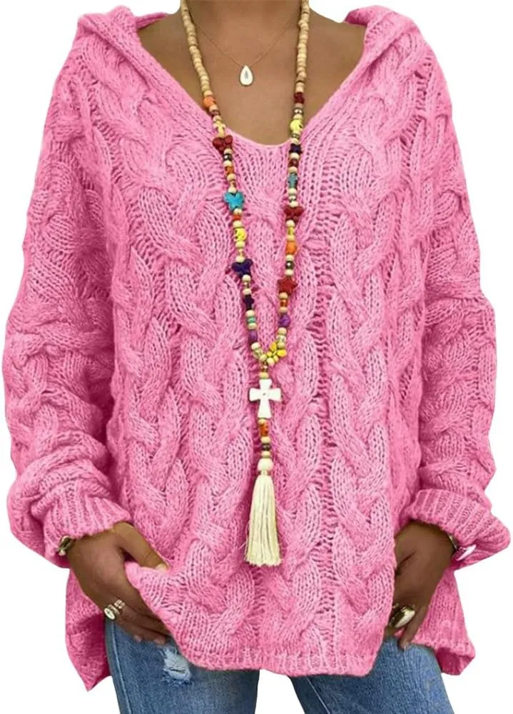 Bengbobar Womens Oversized Sweaters Chunky Cable Knit Pullover Hooded Sweaters V Neck Long Sleeve Loose Solid Color Hoodies