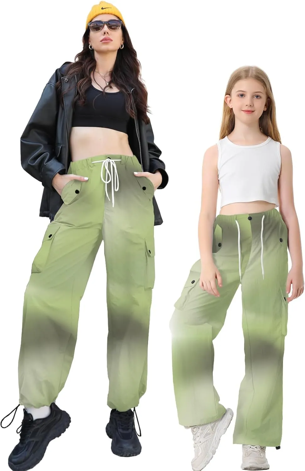Betusline Girls & Women's High Waist Wide Leg Cargo Pants Y2K Parachute Pants with Pockets and Drawstring 6 Years-Women 2XL