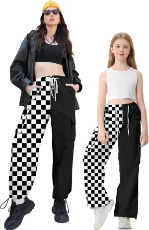 Betusline Girls & Women's High Waist Wide Leg Cargo Pants Y2K Parachute Pants with Pockets and Drawstring 6 Years-Women 2XL