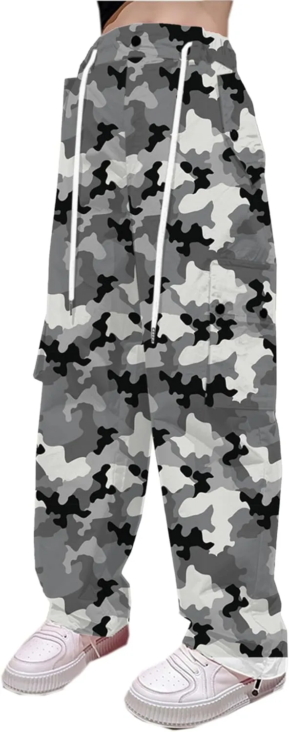 Betusline Girls & Women's High Waist Wide Leg Cargo Pants Y2K Parachute Pants with Pockets and Drawstring 6 Years-Women 2XL