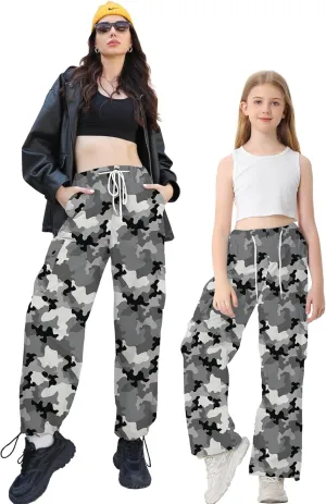 Betusline Girls & Women's High Waist Wide Leg Cargo Pants Y2K Parachute Pants with Pockets and Drawstring 6 Years-Women 2XL