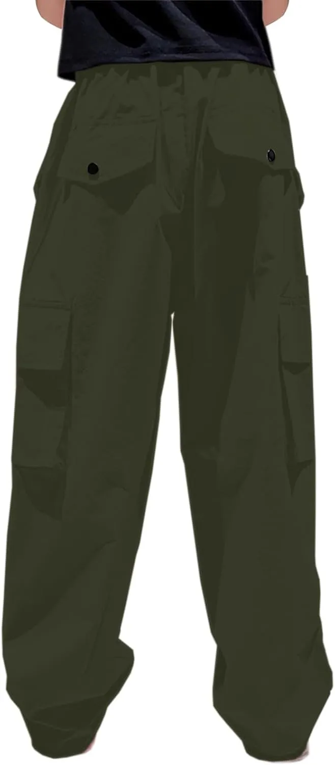 Betusline Girls & Women's High Waist Wide Leg Cargo Pants Y2K Parachute Pants with Pockets and Drawstring 6 Years-Women 2XL