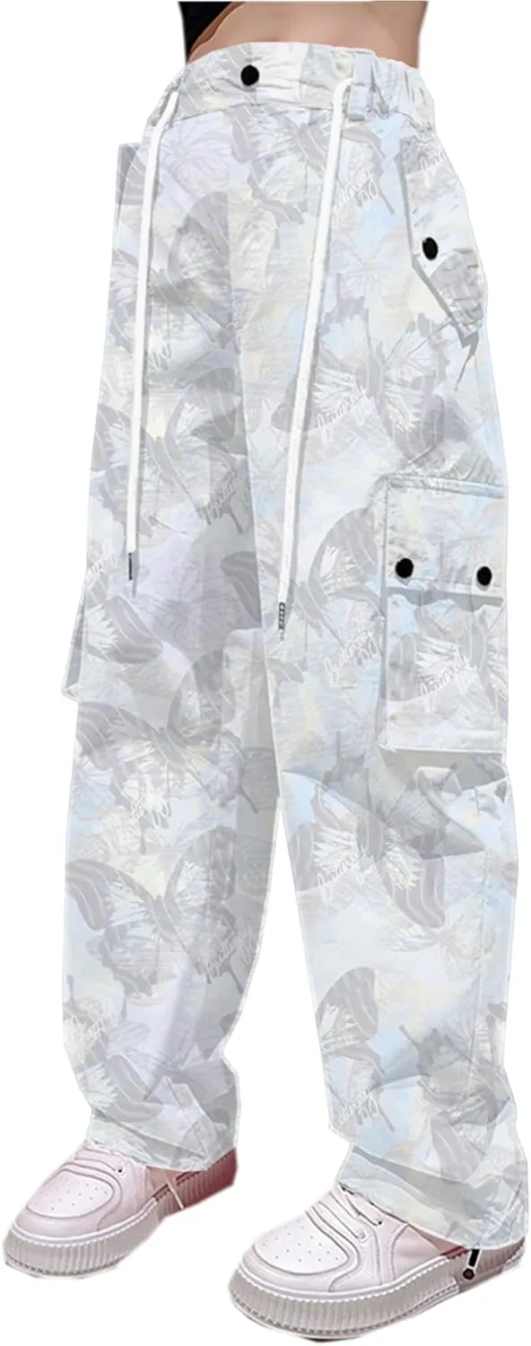 Betusline Girls & Women's High Waist Wide Leg Cargo Pants Y2K Parachute Pants with Pockets and Drawstring 6 Years-Women 2XL
