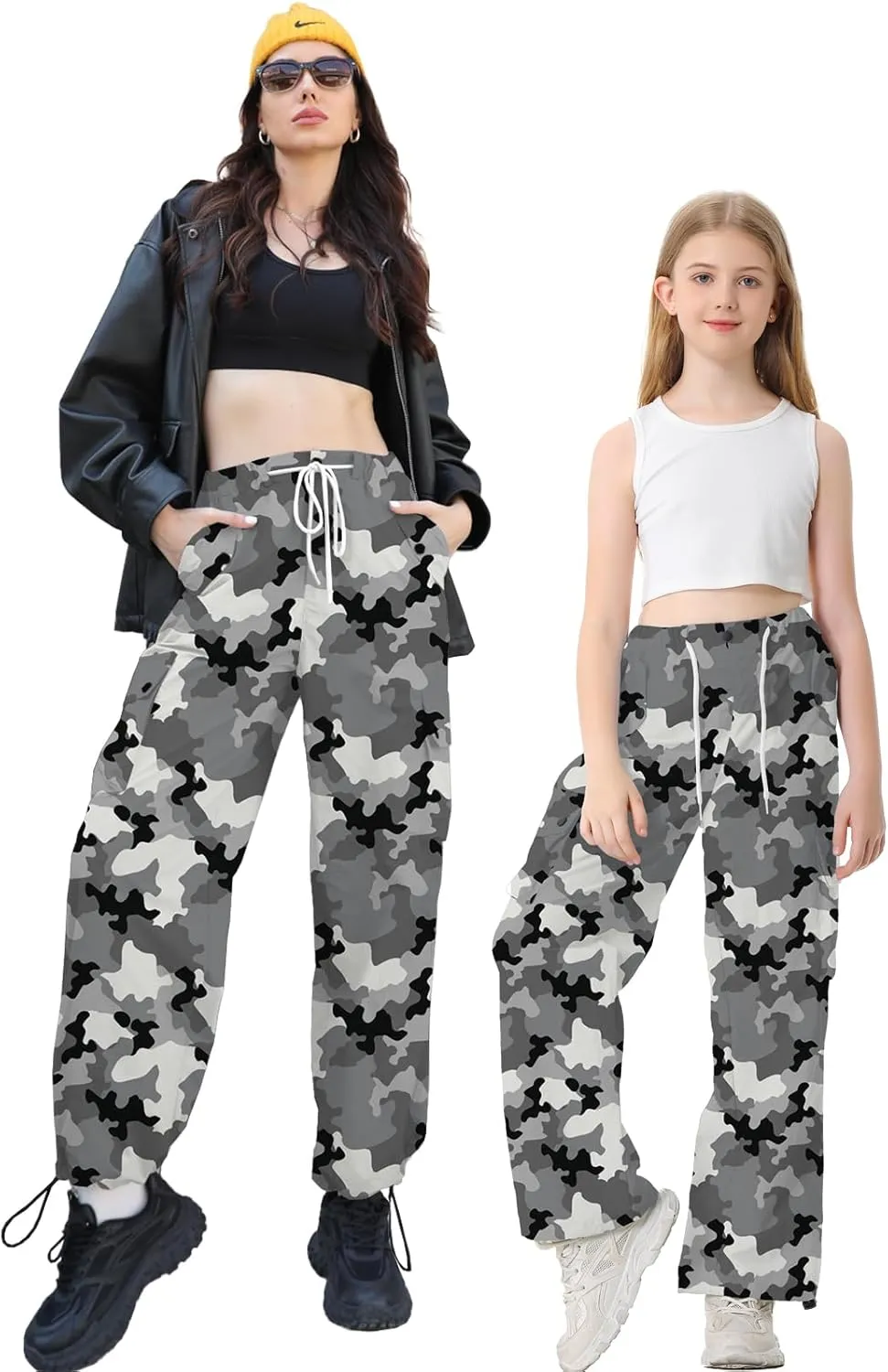 Betusline Girls & Women's High Waist Wide Leg Cargo Pants Y2K Parachute Pants with Pockets and Drawstring 6 Years-Women 2XL