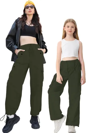 Betusline Girls & Women's High Waist Wide Leg Cargo Pants Y2K Parachute Pants with Pockets and Drawstring 6 Years-Women 2XL