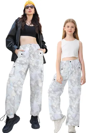 Betusline Girls & Women's High Waist Wide Leg Cargo Pants Y2K Parachute Pants with Pockets and Drawstring 6 Years-Women 2XL