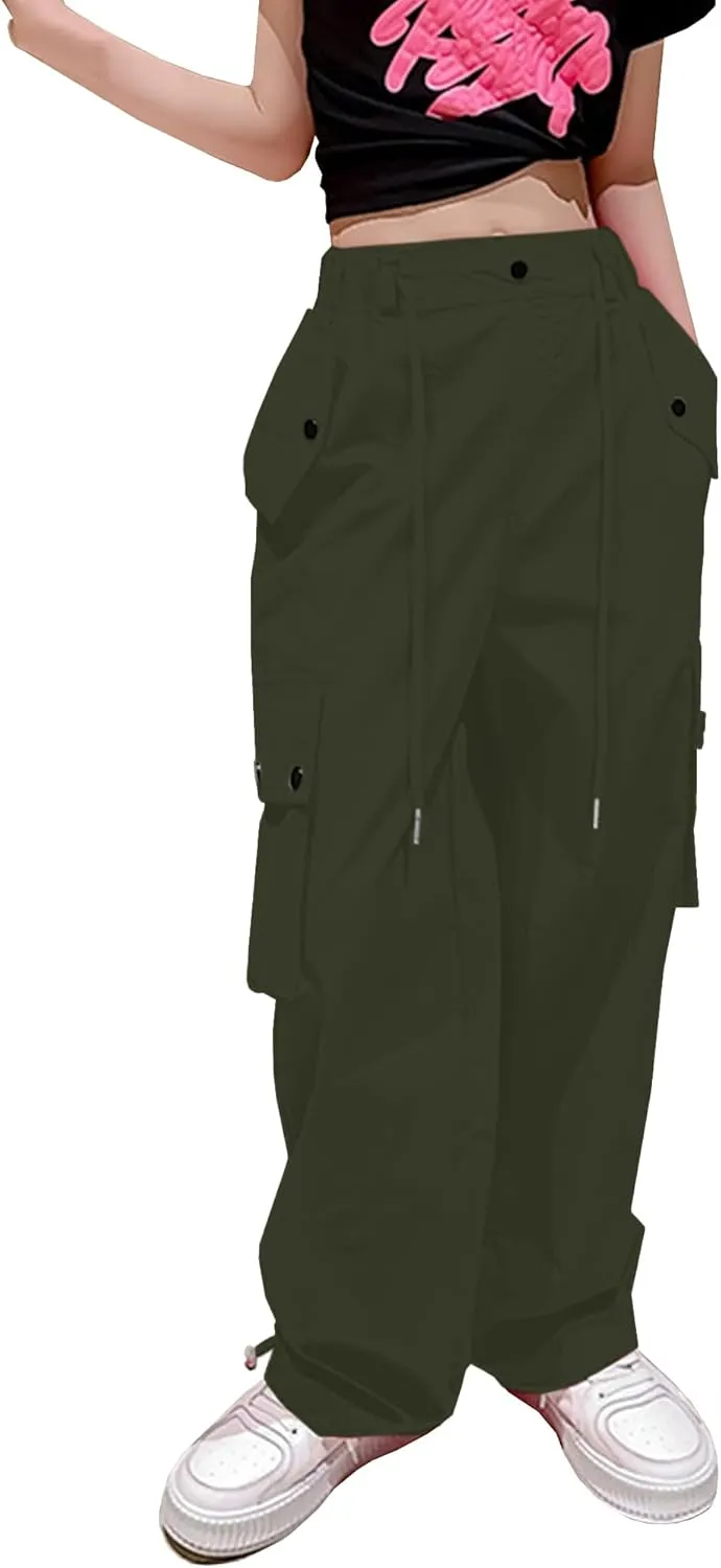 Betusline Girls & Women's High Waist Wide Leg Cargo Pants Y2K Parachute Pants with Pockets and Drawstring 6 Years-Women 2XL