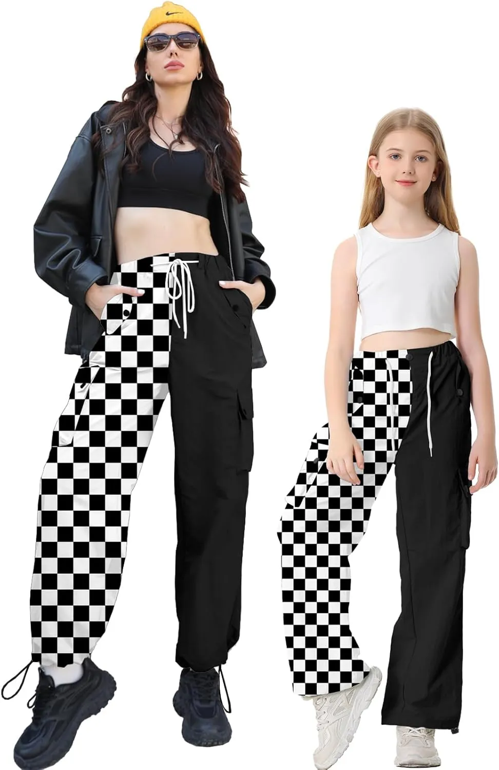 Betusline Girls & Women's High Waist Wide Leg Cargo Pants Y2K Parachute Pants with Pockets and Drawstring 6 Years-Women 2XL