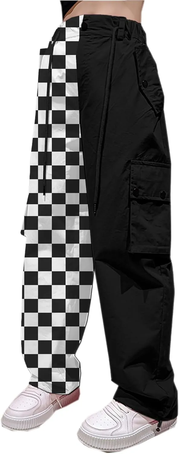Betusline Girls & Women's High Waist Wide Leg Cargo Pants Y2K Parachute Pants with Pockets and Drawstring 6 Years-Women 2XL
