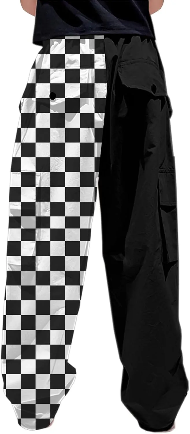 Betusline Girls & Women's High Waist Wide Leg Cargo Pants Y2K Parachute Pants with Pockets and Drawstring 6 Years-Women 2XL