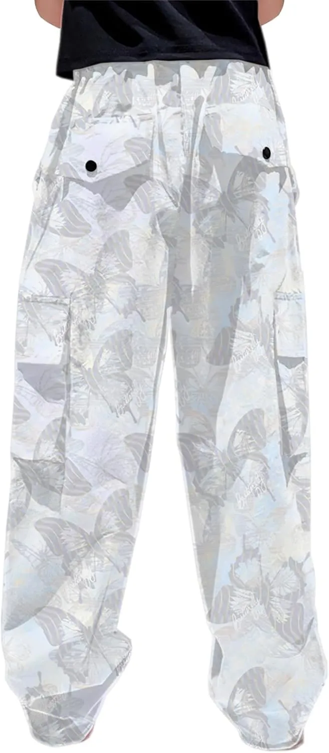 Betusline Girls & Women's High Waist Wide Leg Cargo Pants Y2K Parachute Pants with Pockets and Drawstring 6 Years-Women 2XL