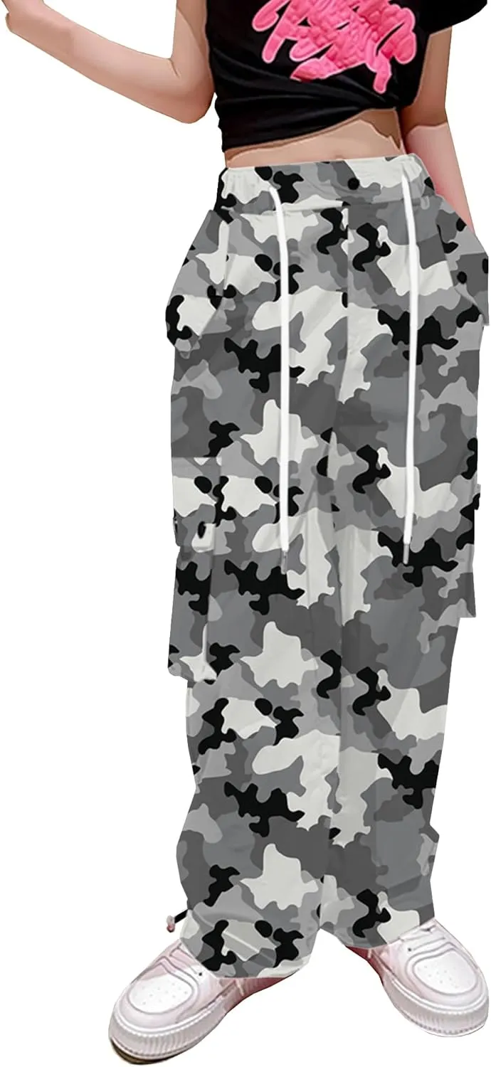 Betusline Girls & Women's High Waist Wide Leg Cargo Pants Y2K Parachute Pants with Pockets and Drawstring 6 Years-Women 2XL