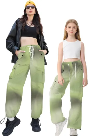 Betusline Girls & Women's High Waist Wide Leg Cargo Pants Y2K Parachute Pants with Pockets and Drawstring 6 Years-Women 2XL