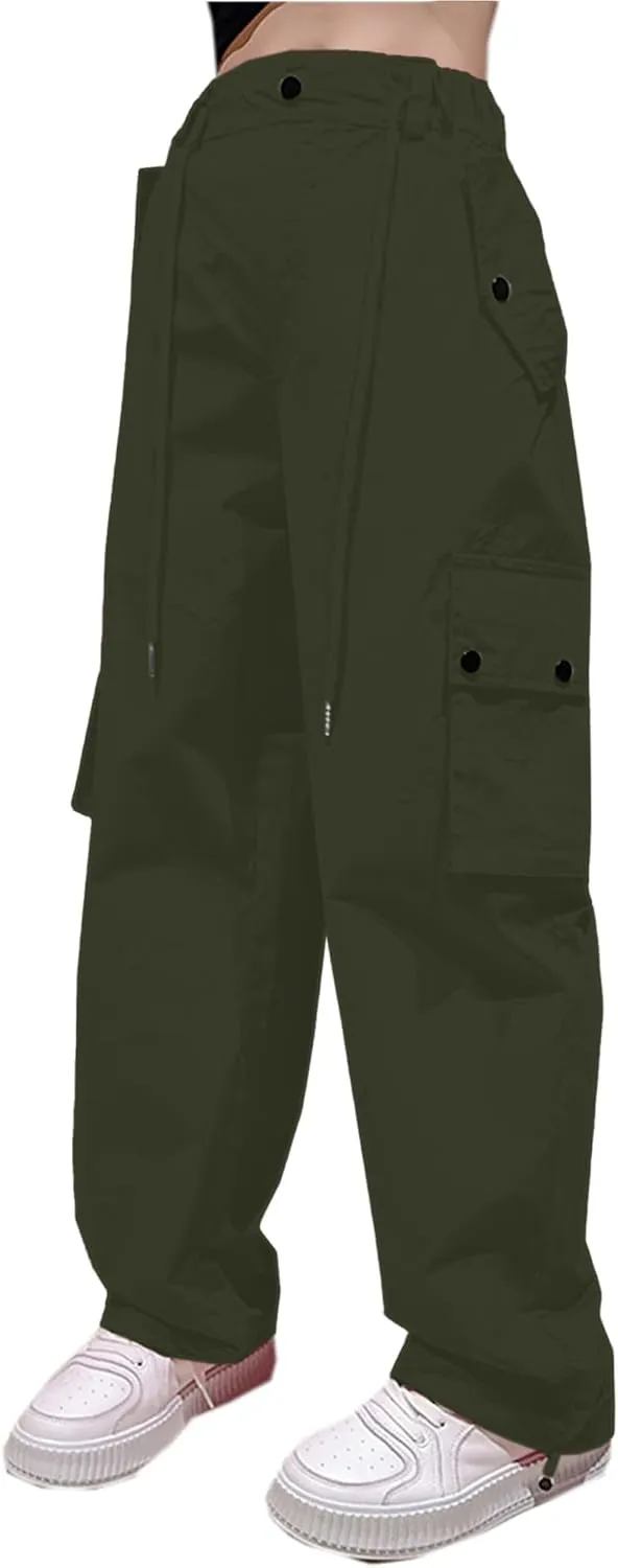 Betusline Girls & Women's High Waist Wide Leg Cargo Pants Y2K Parachute Pants with Pockets and Drawstring 6 Years-Women 2XL