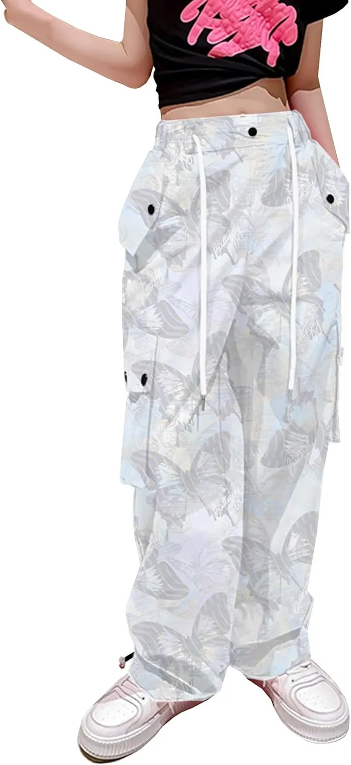 Betusline Girls & Women's High Waist Wide Leg Cargo Pants Y2K Parachute Pants with Pockets and Drawstring 6 Years-Women 2XL