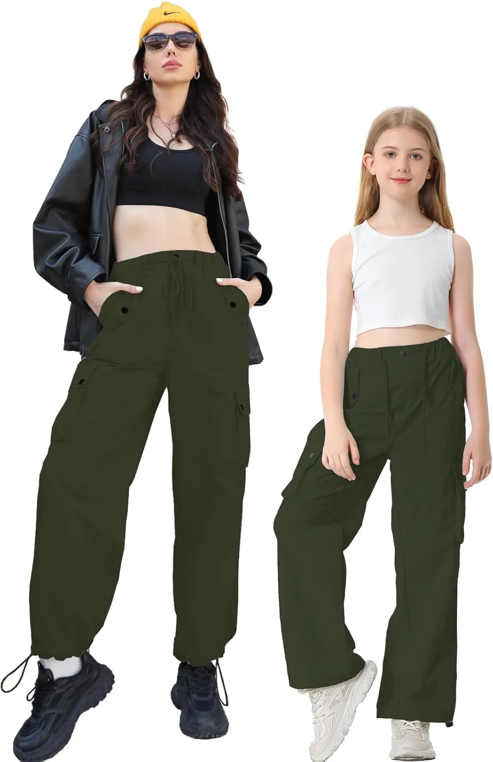 Betusline Girls & Women's High Waist Wide Leg Cargo Pants Y2K Parachute Pants with Pockets and Drawstring 6 Years-Women 2XL
