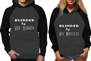Blinded by Her Beauty & His Muscles Couple Matching Raglan Hoodies – Comfortable Unisex Pullover | Sold Separately in Sizes & Colors