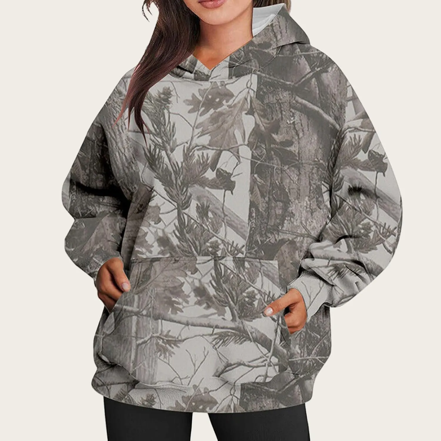 Camo Hoodie for Women Oversized Maple-Leaf Print Hooded Sweatshirt Lightweight Crew Neck Long Sleeve Pullover Tops