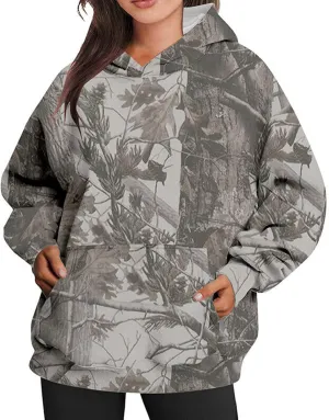 Camo Hoodie for Women Oversized Maple-Leaf Print Hooded Sweatshirt Lightweight Crew Neck Long Sleeve Pullover Tops
